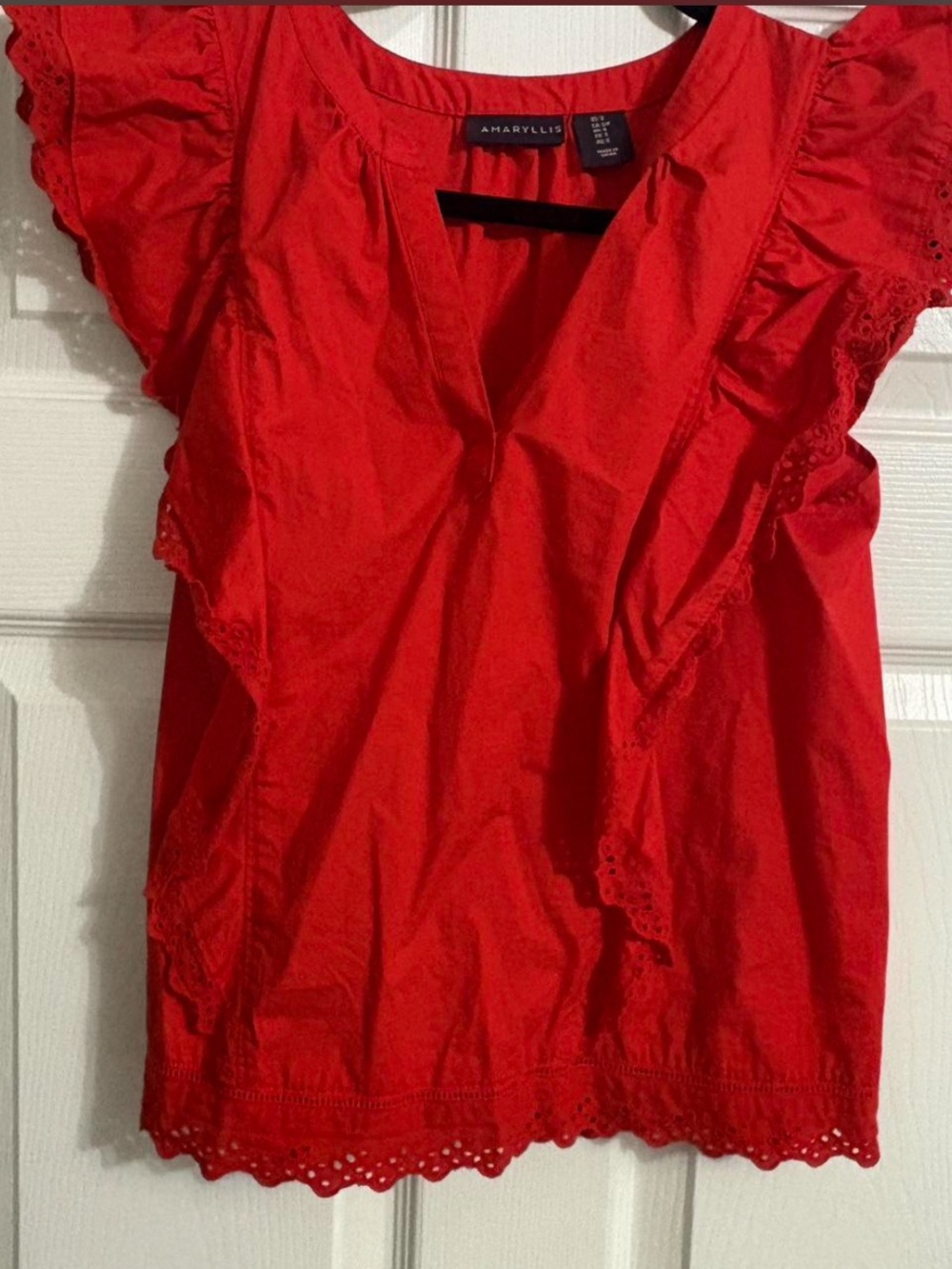 Amaryllis Vibrant Red Flutter Sleeve Eyelet Blouse
